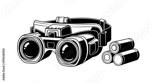 Night Vision Goggles and Batteries - Black and White Illustration