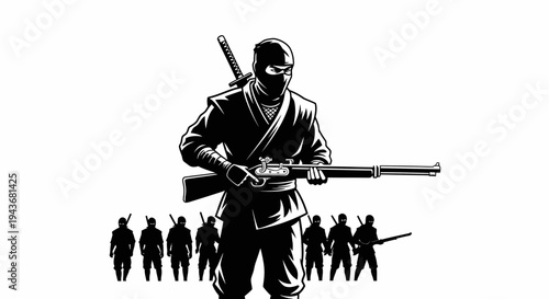 Ninja Warrior with Rifle and Army Silhouette Background, Stealthy Combatant