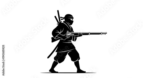 Ninja Warrior with Rifle, Silhouette, Stealthy Assassin, Historical Combat