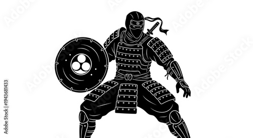 Ninja Warrior Silhouette with Shield and Sword, Black and White