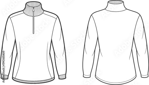 Men’s long sleeve half zip turtleneck sweater technical fashion flat sketch, front and back view apparel template, clothing design mockup isolated for garment production