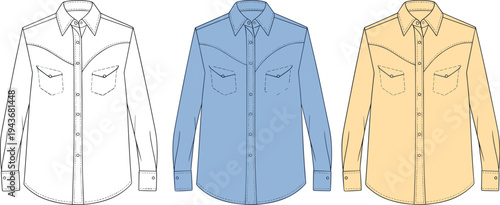 Men long sleeve button down shirt vector set, casual fashion clothing template with front view design isolated on white background