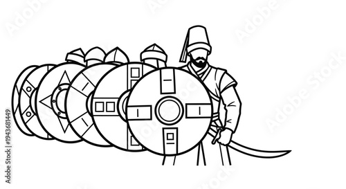 Ottoman soldiers with shields and swords, historical illustration