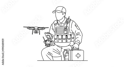 Operator with drone, remote control, first aid kit, and supplies for emergency response