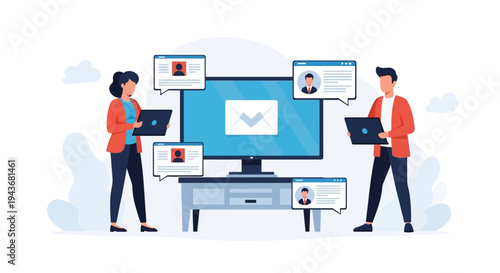 Two people interacting with digital devices and large screen.