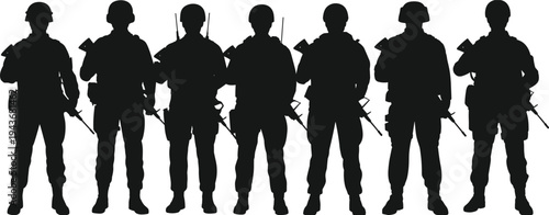 Military soldiers standing with rifles silhouette army combat troops formation armed forces black silhouette vector illustration