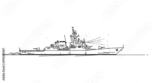 Outline drawing of a modern warship with cannons firing, naval vessel illustration