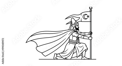 Ottoman warrior holding crescent flag, kneeling, historical illustration