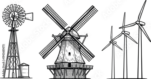 Windmill and wind turbine illustration set, traditional and modern wind energy machines vector collection, renewable power technology isolated design
