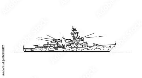 Outline of a modern warship with camouflage, side view, on a white background