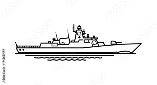 Outline of a modern warship sailing on the sea, vector illustration