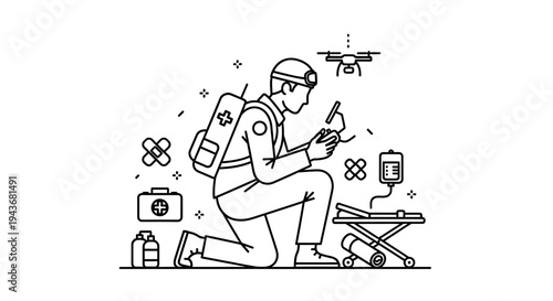 Paramedic using drone for medical aid delivery, emergency response, technology in healthcare