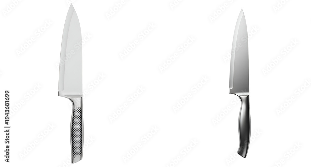 Obraz premium Two shiny kitchen knives on transparent background