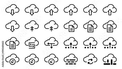 Collection of cloud icons representing upload, download, and data transfer operations