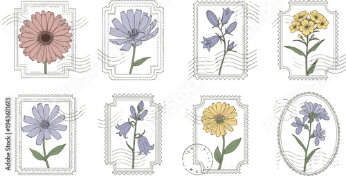 Vintage botanical postage stamp collection featuring pastel wildflowers, hand drawn floral illustrations with retro mail marks decorative vector set