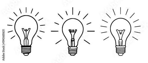 Light bulb set with glowing icon centered on light gray background featuring thick dark gray line art, radiating strokes, minimalist with neutral palette and modern flat