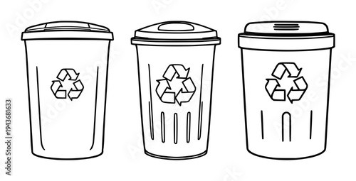 Smart waste bin set with bold lines on a white background featuring smart waste bin, recycling symbol, urban sustainability with bold lines and white background