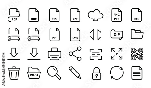 Assortment of flat icons for file formats, cloud sync, and essential digital tools