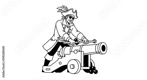 Pirate with Cannon, Black and White Illustration