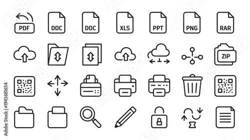 Diverse line icons for file types, cloud computing, and office utility functions