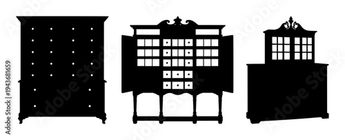 Victorian apothecary cabinet set with solid black silhouette against white background featuring ornate drawers, wooden paneling, detailed handles with iconography and classic aesthetic