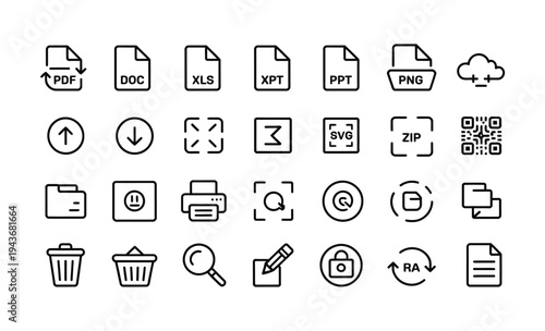 Set of modern line icons for digital files, cloud services, and office operations