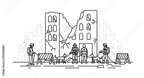 Rescue team with dogs at destroyed building, disaster relief, search and rescue operation