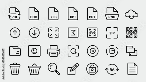 Collection of modern flat design icons for digital documents, files, and cloud services.