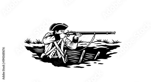 Revolutionary War Soldier Aiming Musket from Trench, Black and White Illustration