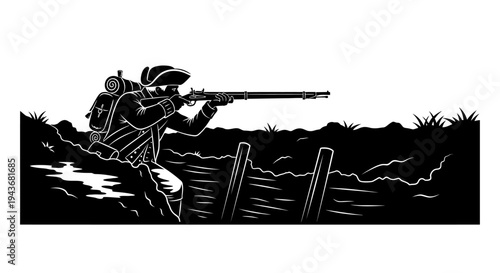 Revolutionary War Soldier Aiming Rifle from Trench, Silhouette