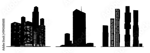 Skyscraper set with solid black silhouette and geometric grid design featuring futuristic, modular, sustainable architecture with urban planning and city skyline