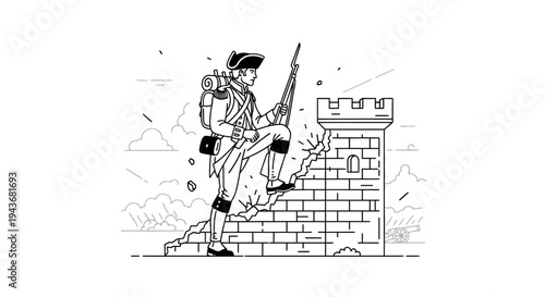 Revolutionary soldier climbing stone wall with rifle, historical illustration