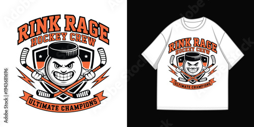 Rink Rage Hockey Crew Ultimate Champions vector illustration with angry puck, crossed sticks, and lightning bolts for sports apparel design