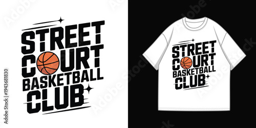 Street Court Basketball Club vector logo design with orange basketball, black text, and dynamic white lines, ideal for t-shirt prints, apparel, and sports branding.