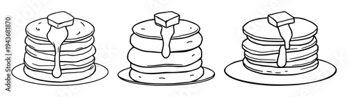 Pancakes set with doodle style illustration of a stack of pancakes and a melting butter cube featuring breakfast, food, illustration with white background and simple lines