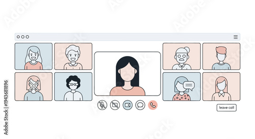 Video conference call with multiple participants shown on screen.