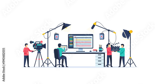 Video Production Studio Setup with Filmmakers and Equipment.