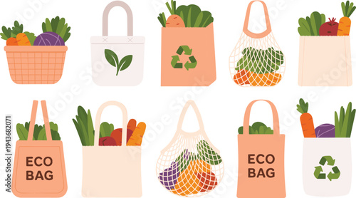 Reusable eco shopping bags with fresh vegetables collection, zero waste grocery concept, sustainable lifestyle, plastic free market bags vector illustration set