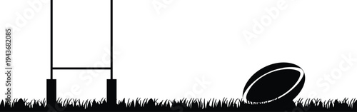 Rugby goal posts and ball resting on grass field silhouette, minimal sports background representing rugby match preparation and outdoor stadium concept