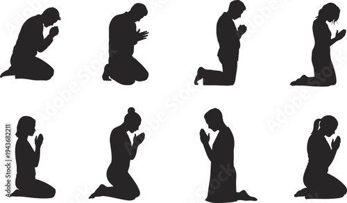 Set of kneeling people praying silhouettes in different poses, spiritual worship, prayer meditation, faith devotion concept isolated on white background illustration