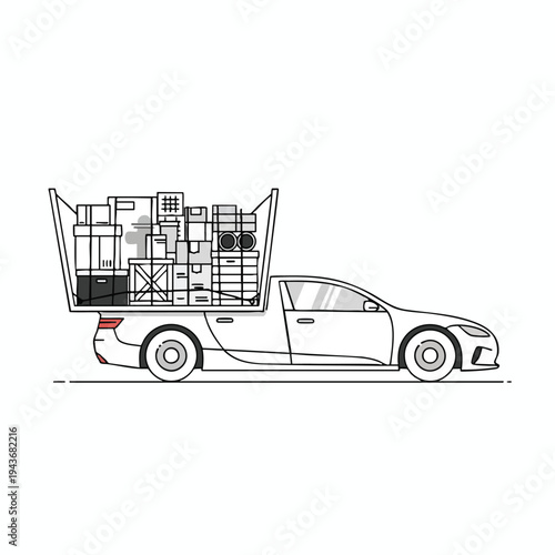 A minimalist side profile of a car with a bed packed full of various boxes