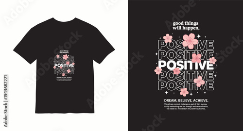 Positive quote with blooming cherry blossoms and stars