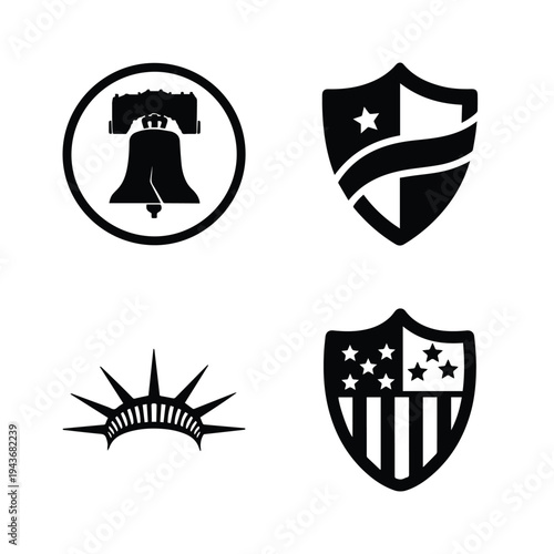 American Symbols Icons Set: Liberty Bell, Statue of Liberty Crown, Shield Emblems with Stars and Stripes - Black and White Vector Graphics