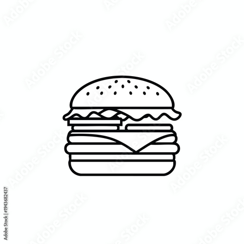 Simple line art of a multi-layered burger with a seed-speckled bun