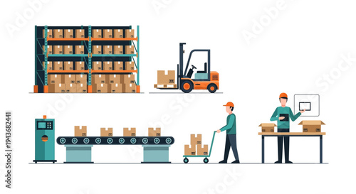 Warehouse logistics and supply chain operations illustration.