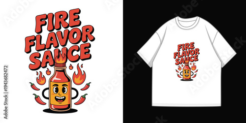 Retro Cartoon Hot Sauce Bottle with "Fire Flavor Sauce" Text and Chili Peppers Vector Illustration for T-Shirt Design and Food Branding