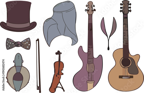 Vintage musical instruments and classical orchestra elements collection with piano guitar violin harp trumpet retro vector illustration set