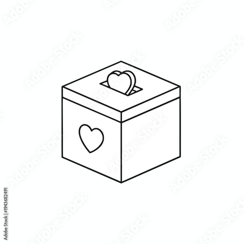 A simple line drawing shows a square box with a heart cutout and a heart emerging from the top