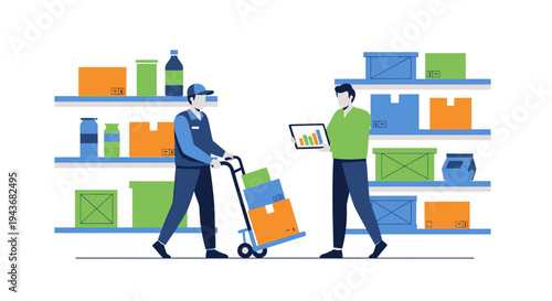 Warehouse worker and manager with tablet overseeing inventory.