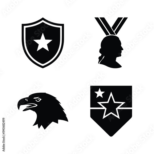 American Symbols Icons: Shield with Star, Presidential Profile Medal, Eagle Head Silhouette, Emblem with Stars - Patriotism and Freedom Concepts
